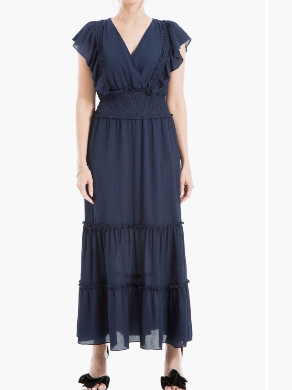 Max Studio Navy Flutter-Sleeve Maxi Dress